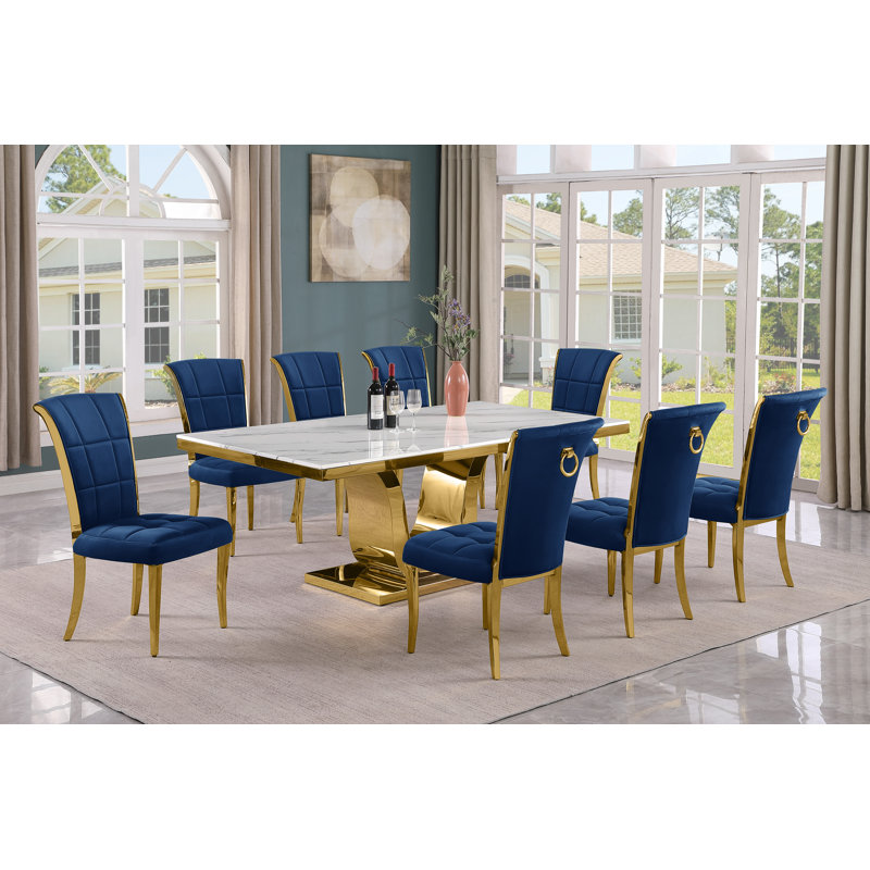 Horrace Marble Top Pedestal Dining Set, 9, Black/Gold