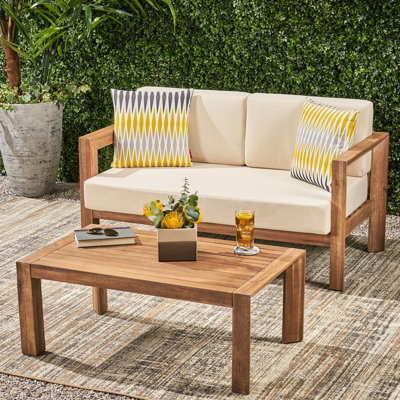 Wood Furniture: & Coffee Table With , Waterproof Cushions, Brown Beige And Soft, Weather- Cushions