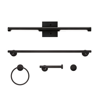Ensemble 5 pièces d'accessoires de salle de bain tout-en-un noir avec éclairage de meuble-lavabo linéaire intégré à 2 lumières DEL 24 po