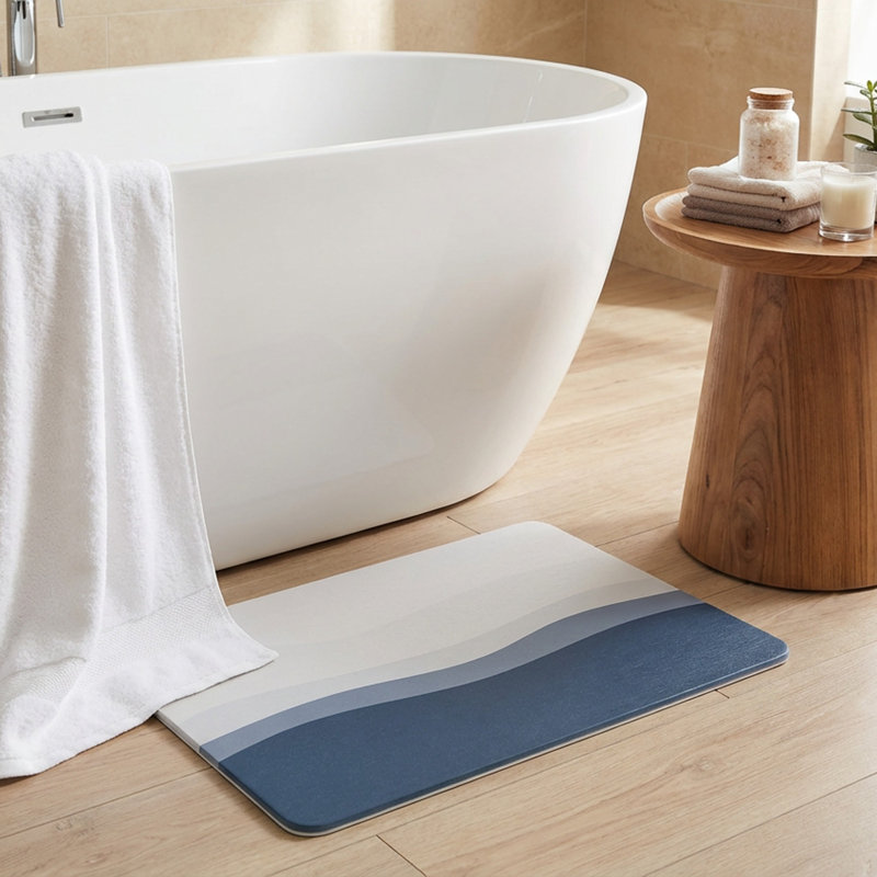 15,35 po X 23,62 po Tapis de bain en terre de diatomées, tapis de bain en pierre de diatomite antidérapant, bleu et blanc