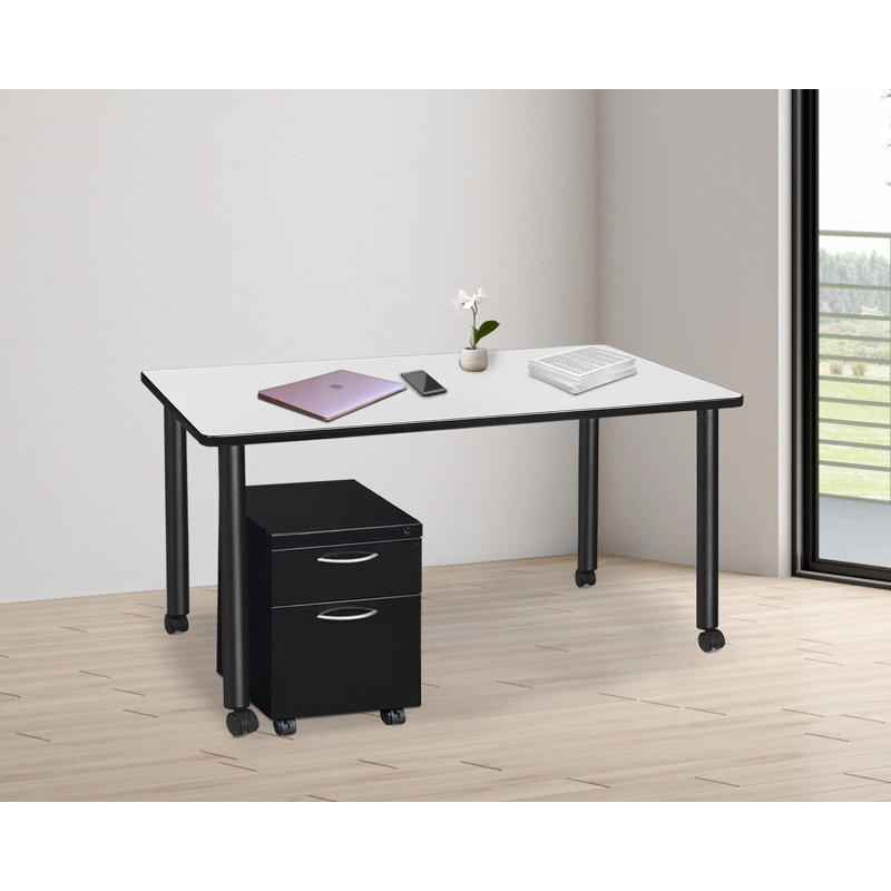 Regency Kee Mobile Desk with Storage, White/Black, 29" H x 60" W x 24" D