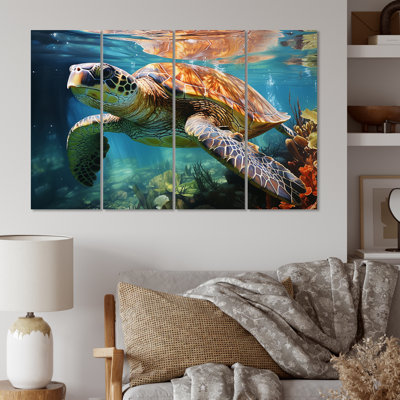 Reproduction de tortue verte sur fond bleu, animaux marins 4 sur toile, 4 pièces