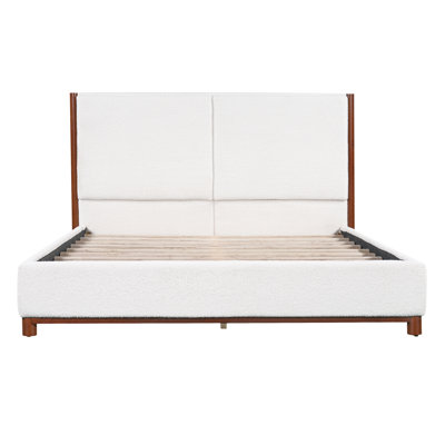 Queen Size Upholstered Bed Frame, Walnut Wood Trim With White Fabric, Plywood & Rubber Wood Construction, 600 Lbs Weight Capacity, Fits 8"-10" Mattress, No Box Spring Needed