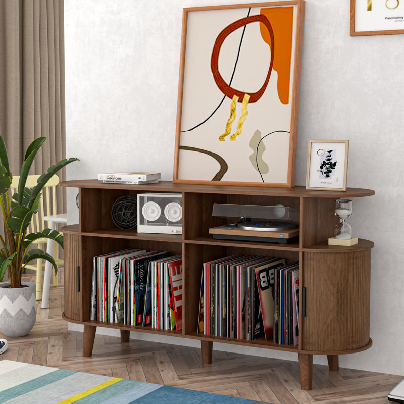 Large Record Player Stand, Mid-century Turntable Stand With Sliding Doors, Vinyl Display Stand For Bedroom Living Room