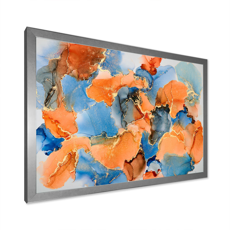 «Blue and Brown Luxury Abstract Fluid VII», peinture sur toile, H 12 po x l 20 po x P 1 po, Cadre photo argenté
