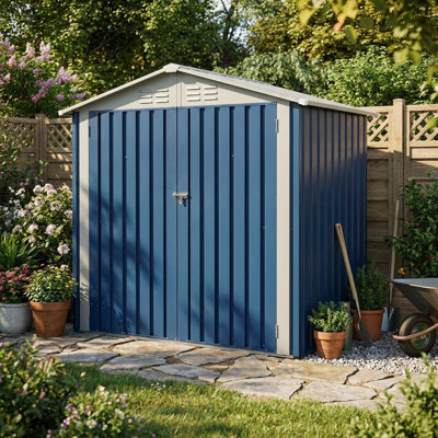 Remise de rangement extérieure en métal l 6 pi x P 4 pi avec toit incliné et double porte, bleu