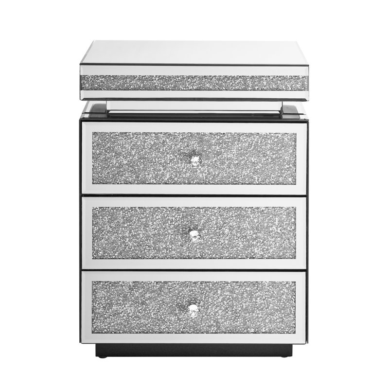 Table de chevet à miroir avec trois tiroirs et incrustation de cristal, une table de bout luxueuse et pratique pour la chambre à coucher, le salon ou le vestiaire
