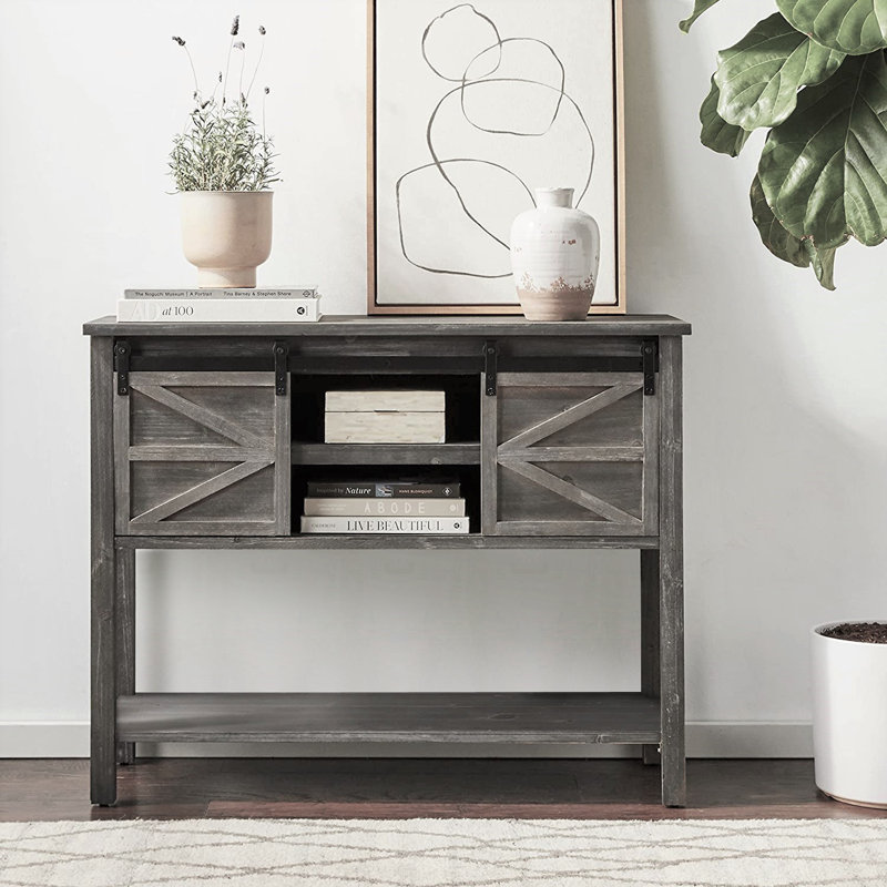 Console de style campagnard antique de 40 po Marceline, canapé avec portes de grange coulissantes et tablette de rangement inférieure pour le salon, le couloir et l'entrée, gris