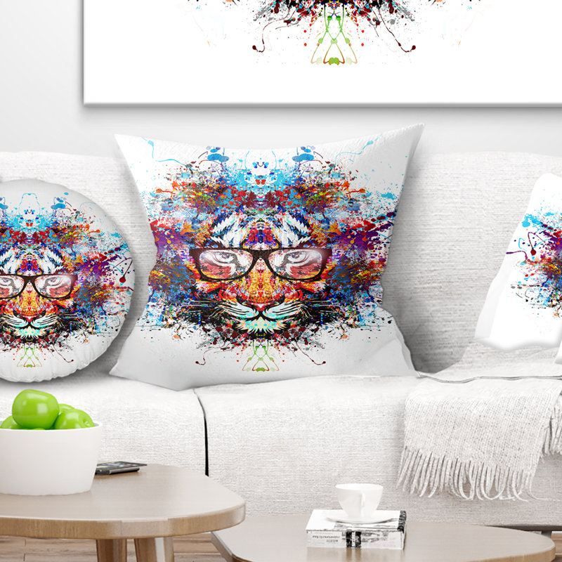 Tigre coloré dans des verres - coussin imprimé animal, 16 po x 1 po, Coussin décoratif