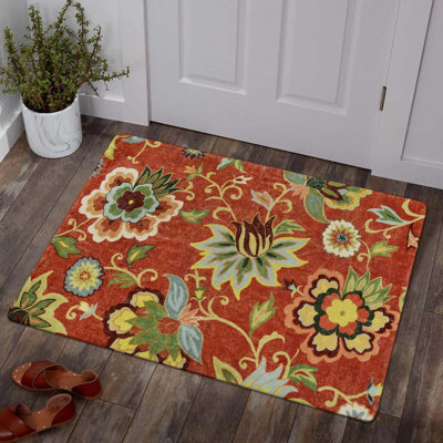 Red Kitchen Rugs - 2'X3' Small Entryway Rug Washable Kitchen Mat, Non Slip Area Rug Throw Modern Floral Rugs Door Mat For Bathroom Bedroom