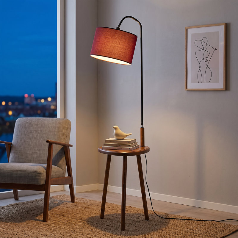 Elysian Walnut / Claret Red Drum Shade Floor Lamp With Shelf