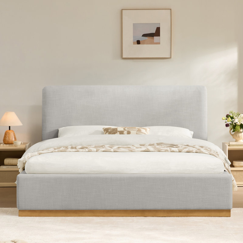 Delpha Grounded Upholstered Wood Base Bed, King, Effie Gray Performance Linen