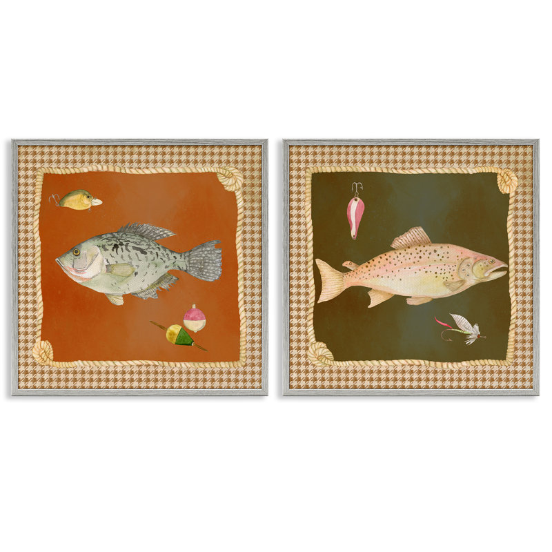 Ensemble de 2 giclées encadrées Fish & Lures over Houndstooth, par Lee Ann Sanders, H 12 po x l 24 po