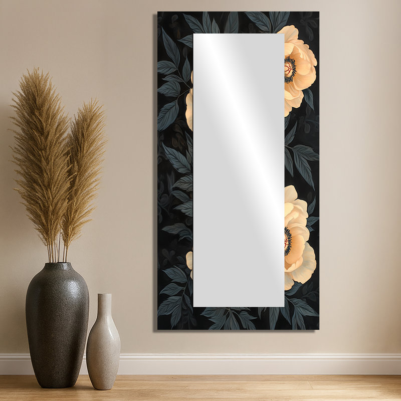 Noir et beige pivoines de minuit I - art mural miroir floral - imprimé sur métal, 28 po x 55 po