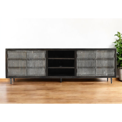 92" Dark Brown Carved Geometric Distressed Solid Wood Enclosed and Open Storage TV Stand