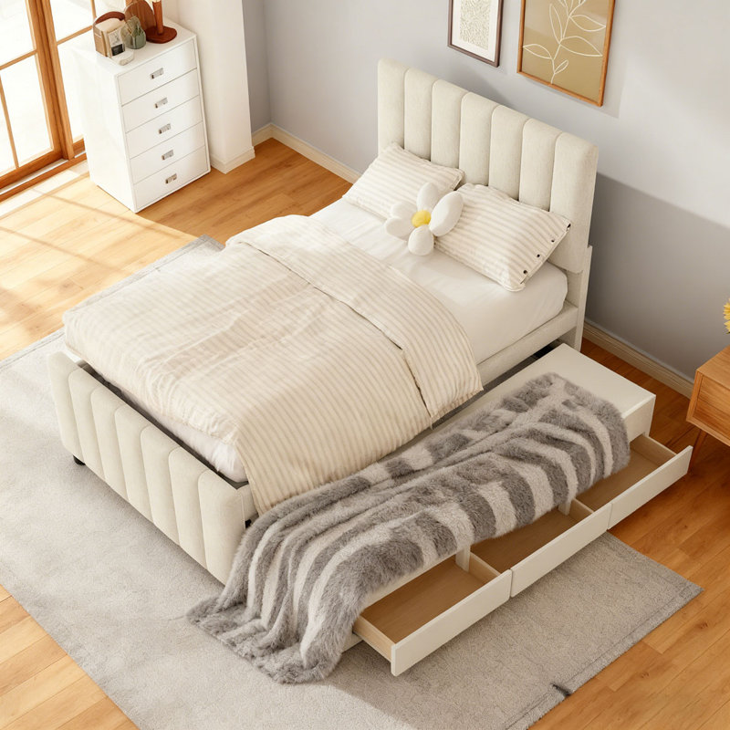 Lit plateforme tapissier avec lit gigogne simple et 3 tiroirs, tissu en lin, Double, Beige