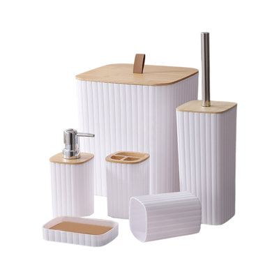 6 Piece Bathroom Accessory Set, Toilet Brush Trash Can Soap Dispenser Set, White