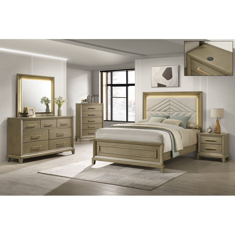 Ensemble de chambre avec lit à panneaux 5 pièces Dove, Cinq articles : lit, commodes, miroir, table de c, Grand lit