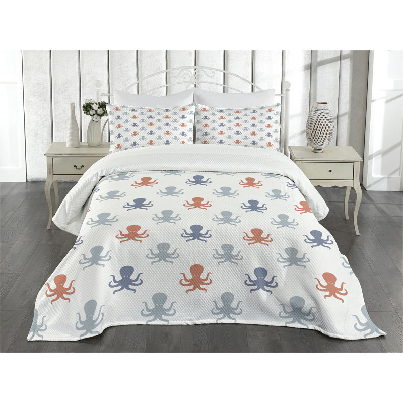 Ambesonne Octopus Bedspread Set  Nautical Silhouettes  Blue Grey Cinnamon, King Coverlet / Bedspread + 2 Standard Shams