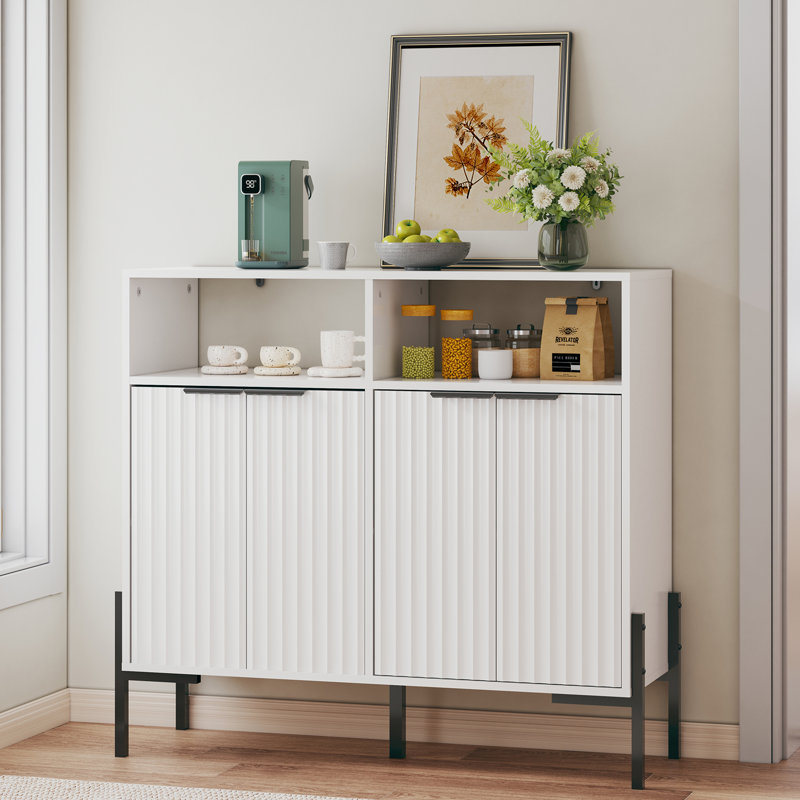 41" W Fluted Sideboard Buffet Cabinet, Modern White Storage Credenza with 4 Doors, Open Shelves & Metal Legs for Dining Room, Kitchen, Living Room