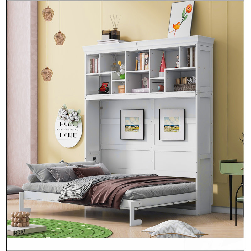 Queen Size Murphy Bed Wall Bed With Top Shelves & USB,Grey, Grey