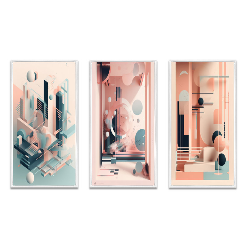 «Art bleu et rose du milieu du siècle dernier», 3 pièces sur toile, Cadre flottant blanc, H 40 po x l 60 po