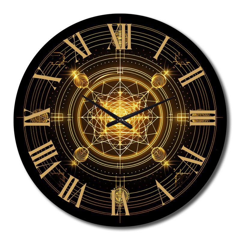Horloge murale Connaissant la géométrie sacrée dorée sur fond noir I, Très grand