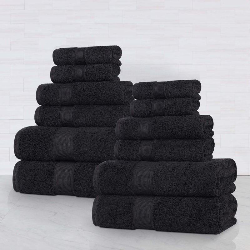 Ensemble de serviettes en coton biologique Lyndon, Noir, Ensemble de 12 pièces
