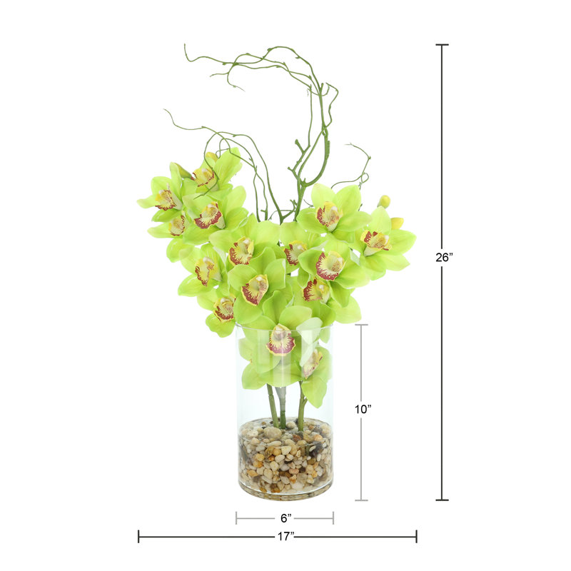 Green Orchids And Vine In Glass Vase With Rocks And Acrylic Water
