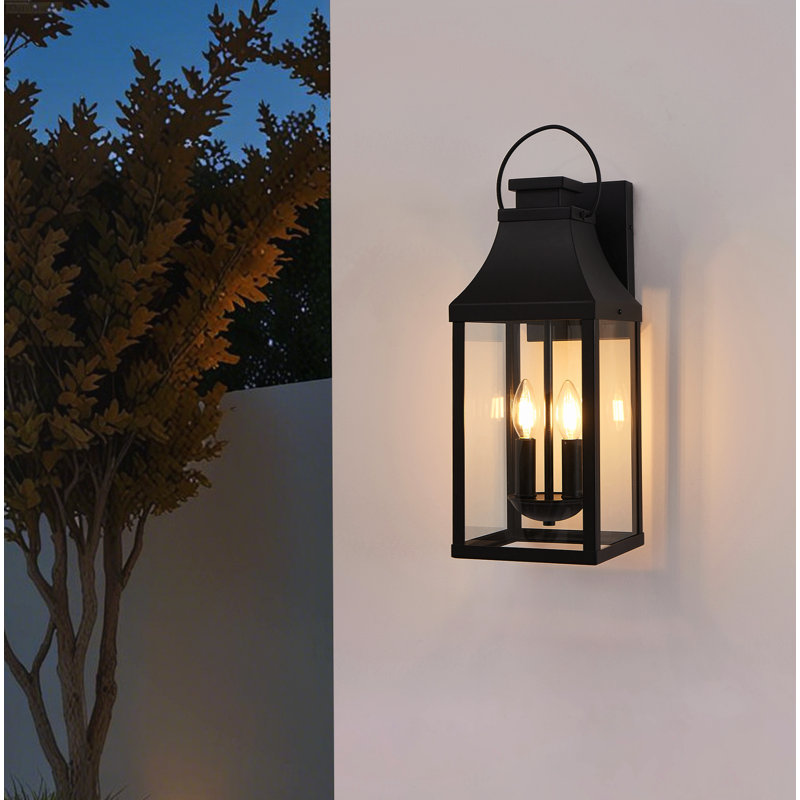 Lanterne murale d'extérieur moderne en verre trempé transparent à deux lumières noir, 2-Pack
