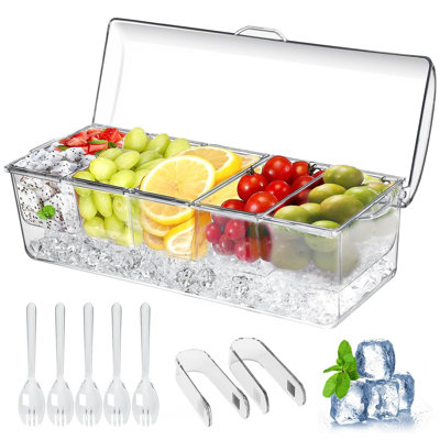 Large Ice Chilled Condiment Caddy,Chilled Condiment Containers Server With Lids For 5 Removable Compartments (2.5 Cup),Serving Platters , Fruit & Garn