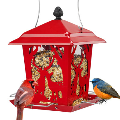 Metal Bird Feeder For Outdoor Hanging - Unique Design Wild Bird Hopper Feeder With 4 Perches And Rainproof Roof, Red