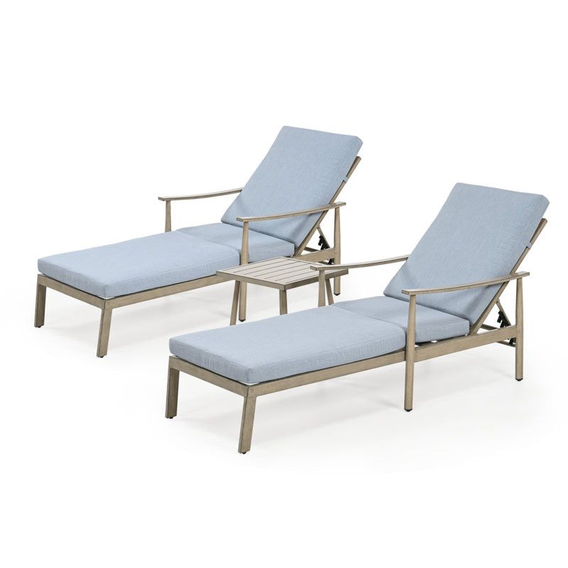 2-Piece Aluminum Patio Chaise Lounge With Side Table And Cushions, Blue Cushion/Light Brown Frame