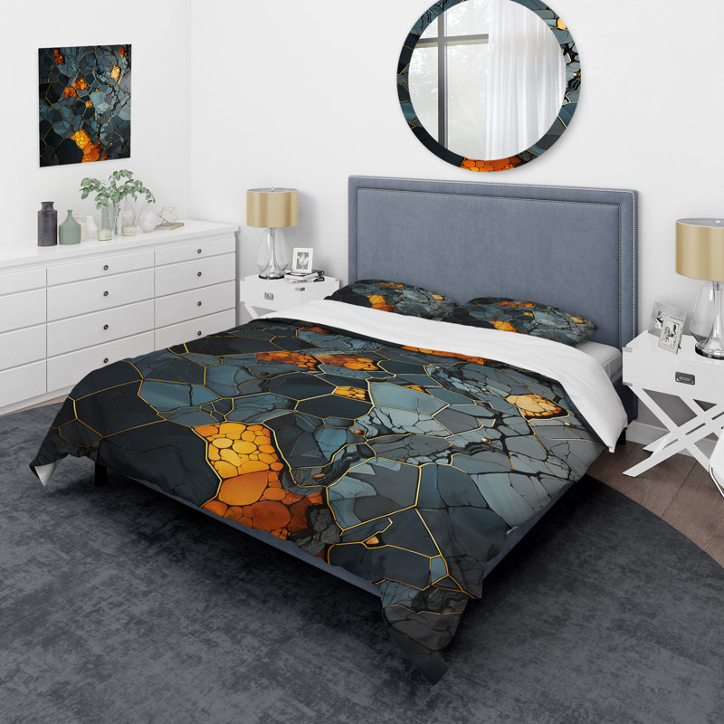 Ensemble de housse de couette à motif géométrique abstrait jaune et noir Marble Elegance II, Housse de couette pour grand lit