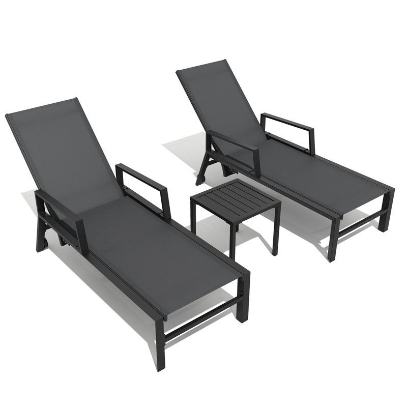 Leyburn Recliner Patio Aluminum Chaise Lounge with Table, Adjustable Backrest by an Air cylinder (3 piece Included), Black