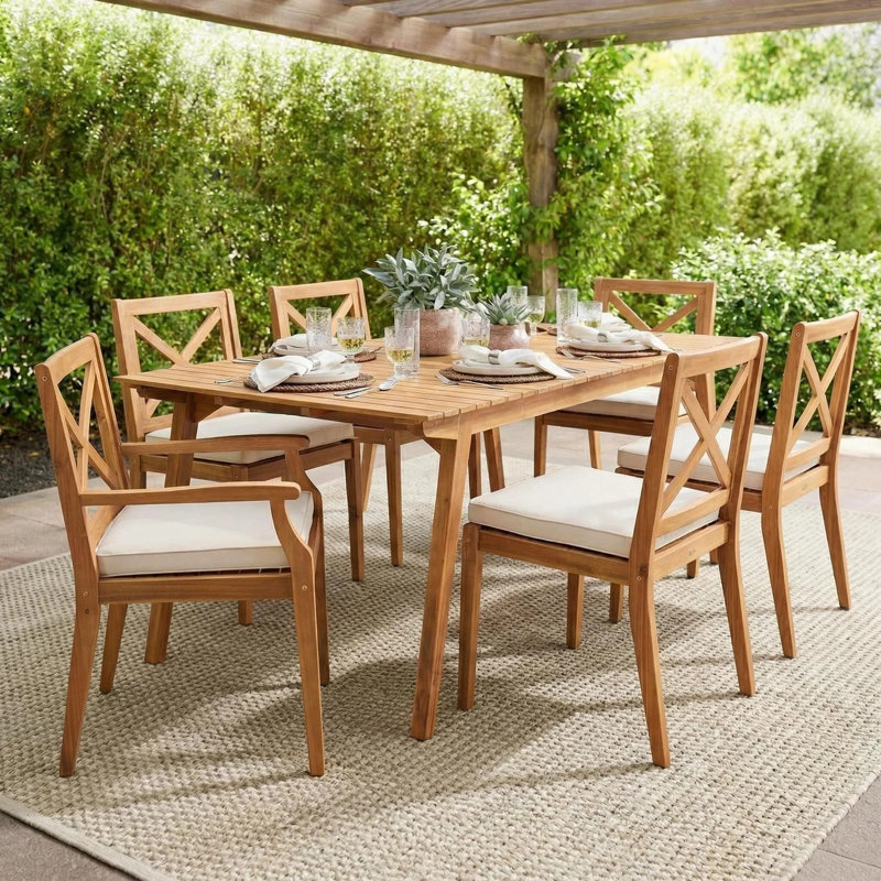 Orchard Hill 6 - Person Acacia Wood Patio Dining Set with Rectangular Table , Cushions Included, Teak, Cream
