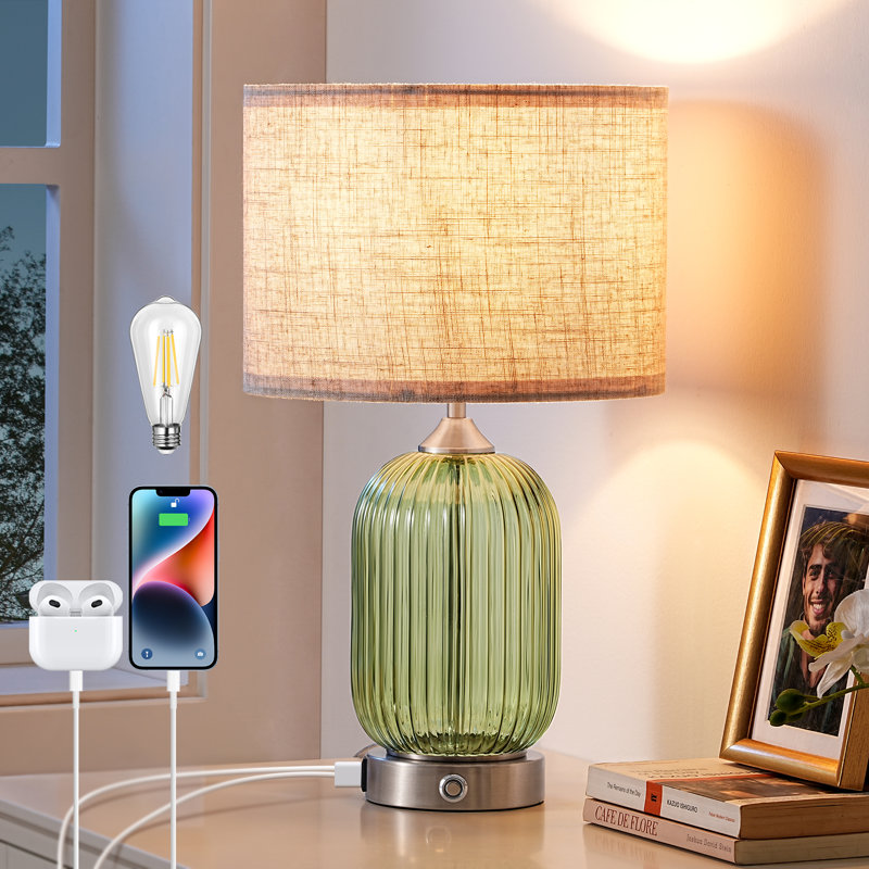 18.9" Glass Table Lamp with USB Charging Ports and Dimmable Bulb, Green