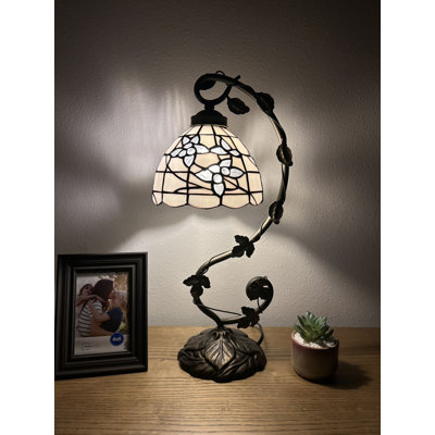 Simonson Tiffany Table Lamp White Stained Glass Flowers Iron Metal Leaves 11"W*8"D*21"H