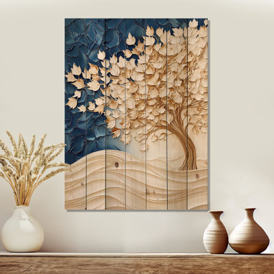 Gold Winter Maple Tree Essence I - Traditional Wooden Wall Art On Natural Pine Wood