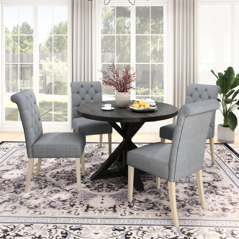 Salle à manger moderne 5 - table croisée noire et 4 chaises confortables attrayantes: chaises rondes en bois, gris, Gris