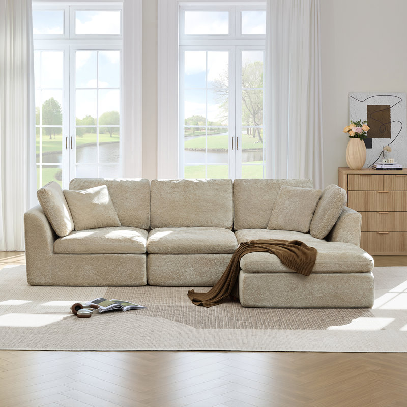 108" 4-Piece Modular Sectional Sofa With Chenille Fabric, Frameless Design & Cloud-Like Comfor, Brownish Gray Polyester