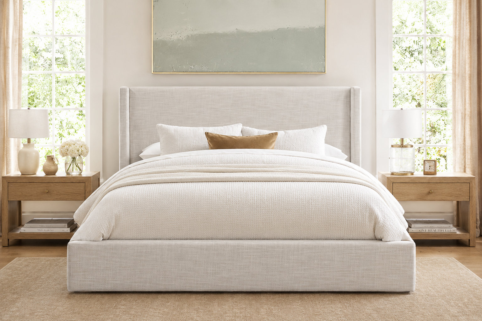 Mele Linen Upholstered Wingback Bed, White Linen, Queen