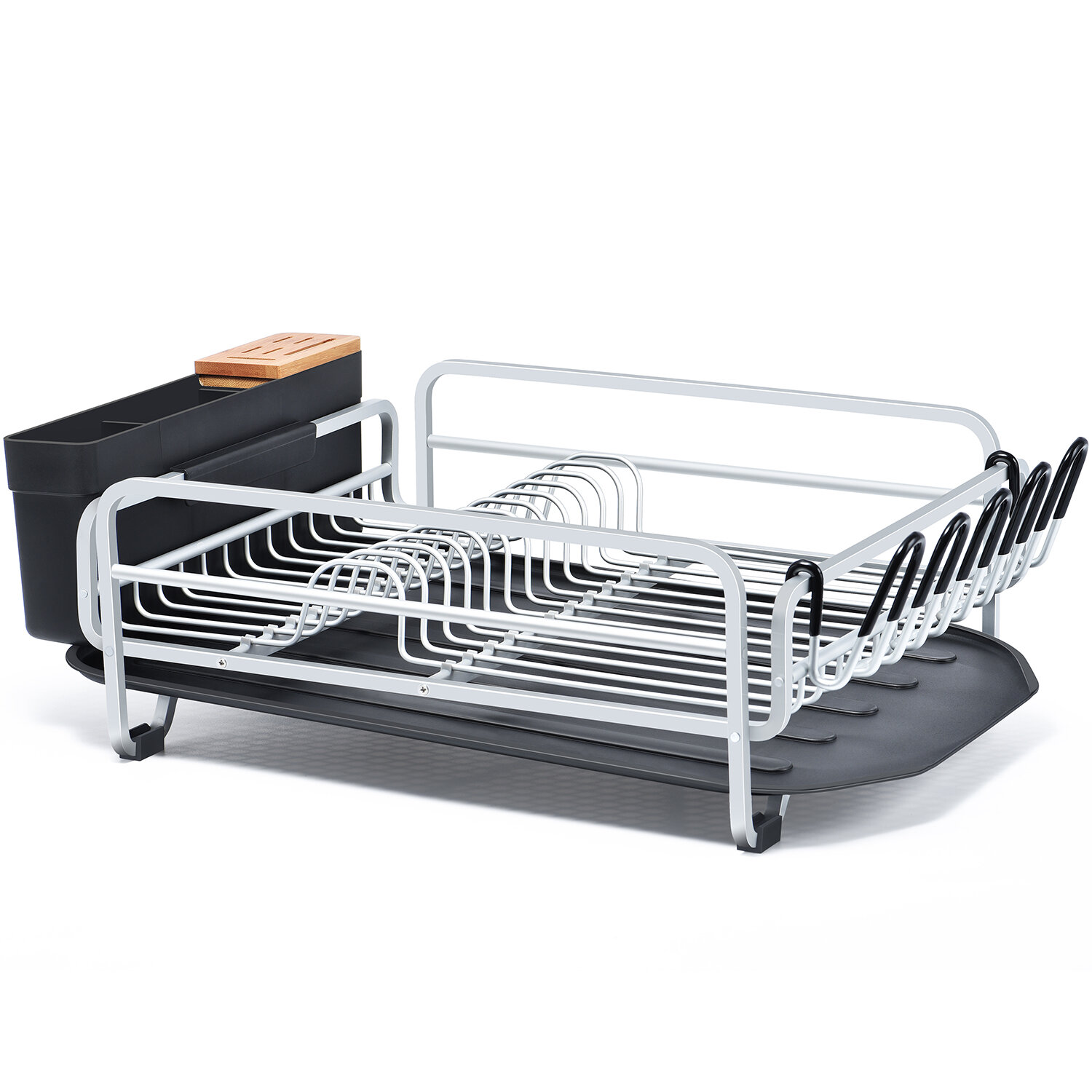 CozyBlock Aluminum 2-tier Dish Drying Rack with Utensil & Wooden