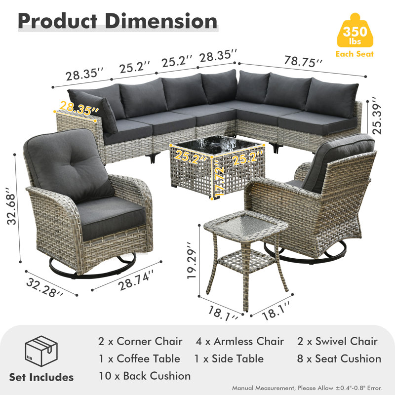 Emroy 8 - Person Wicker/Rattan Sectional Seating Group with Lighted Coffee Table and Swivel Chairs, All Weather Modular Outdoor Conversation Set with Cushions
