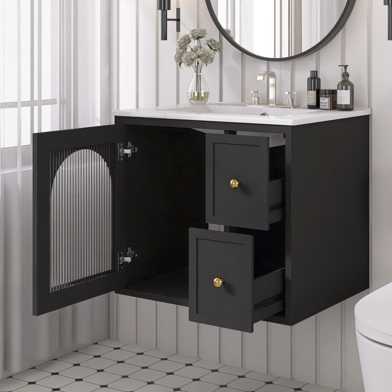Meuble-lavabo mural 24 po avec lavabo en céramique pour petit espace, Noir