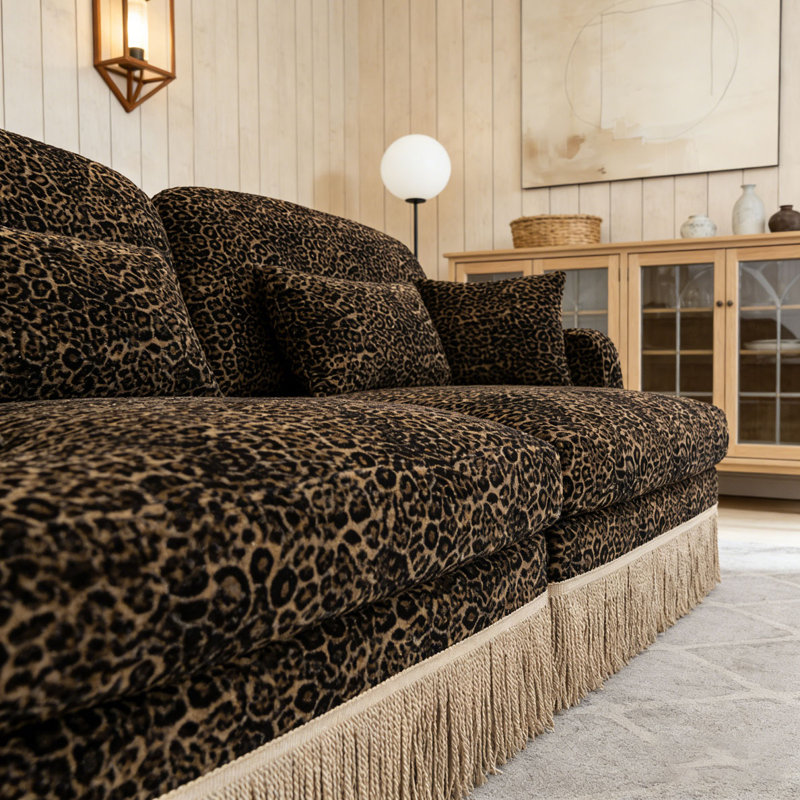 Comfy Chenille Leopard Printing Sofa,Delicate Tassel Edge,Movable Ottomans,Modern Fashion Style, Brown+2seat