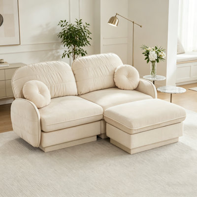 Canapé en L en forme de L avec causeuse en chenille avec dossier matelassé et coussins ronds, canapé profond pour le salon, beige crème