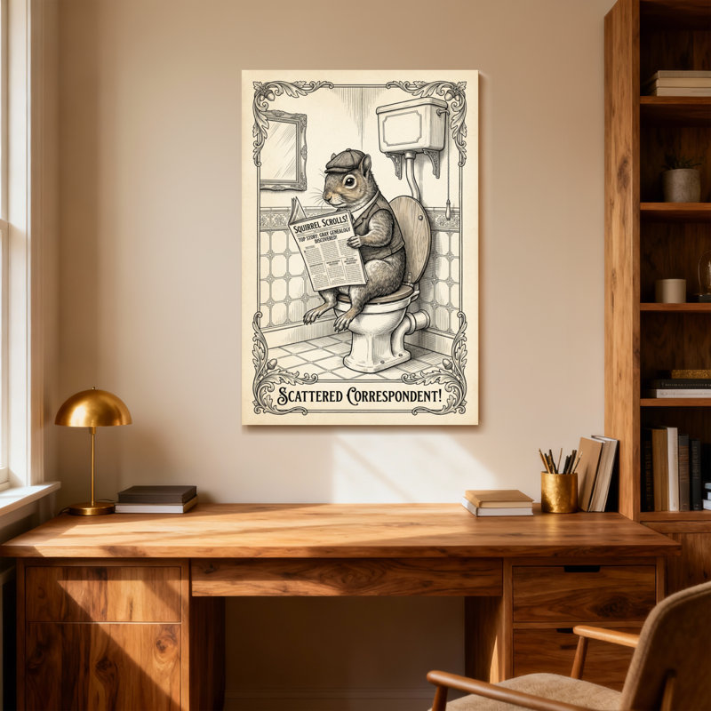 Bath & Laundry Squirrel lisant un journal sur une toilette, H 40 po x l 28 po