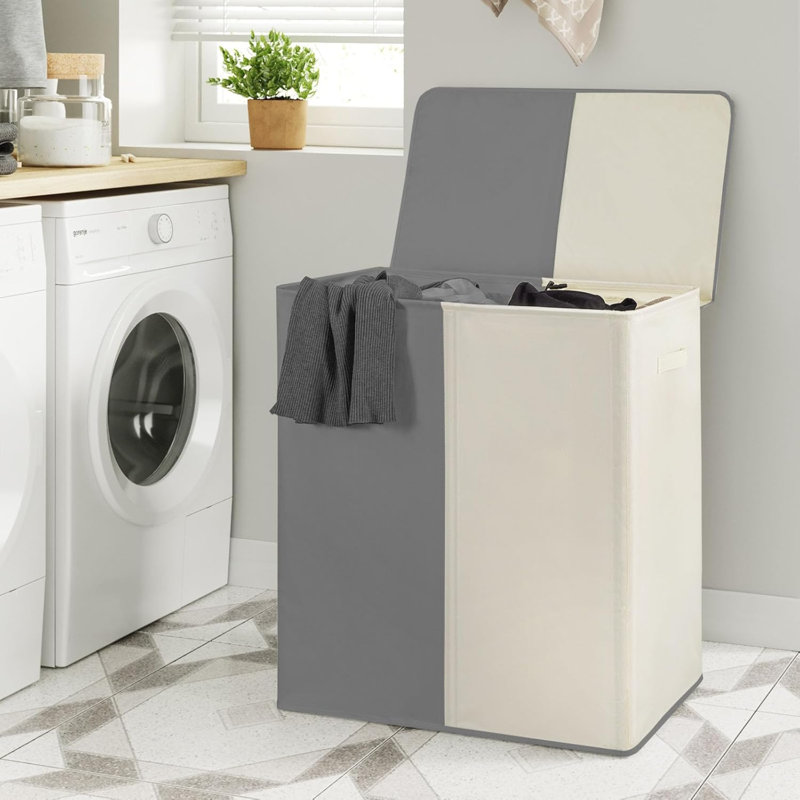 Double Laundry Baseket With Lid And Removable Laundry Bags,154L Large Laundry Hamper 2 Section Collapsible Dirty Clothes Hamper For Laundry Room,College Dorm,Bathroom,Grey And Beige