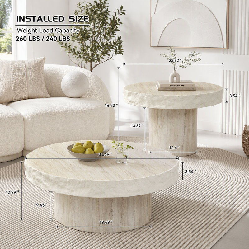 Ensemble de 2 tables basses à motifs texturés imitation MARS pour salon, 79.36 lbs